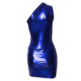 blue metallic one-shoulder dress side view