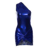Blue one-shoulder metallic mini dress with ruched detailing and a twisted knot at the hem, shown from the front.