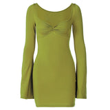 Lime green long-sleeved mini dress with a twisted front and flared sleeves, front view