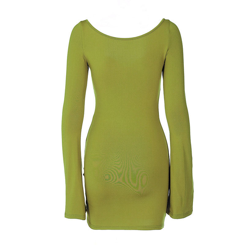 Lime green long-sleeved mini dress with a twisted front and flared sleeves, back view