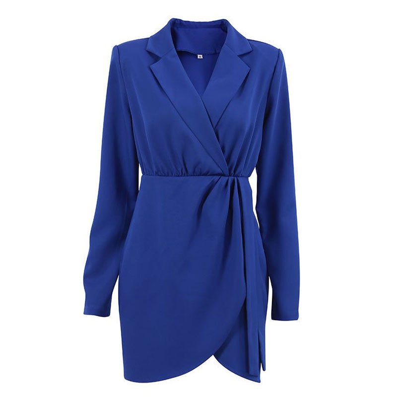 Front view of a royal blue blazer dress with a wrap front and tie detail.