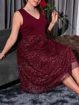 Contrast Mesh V-Neck Midi Dress - View 15 | Lwiis