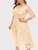 Plus size beige lace midi dress with boat neckline
