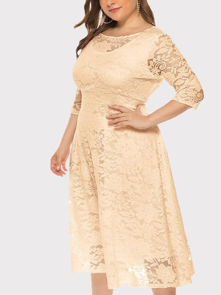 Plus size beige lace midi dress with boat neckline