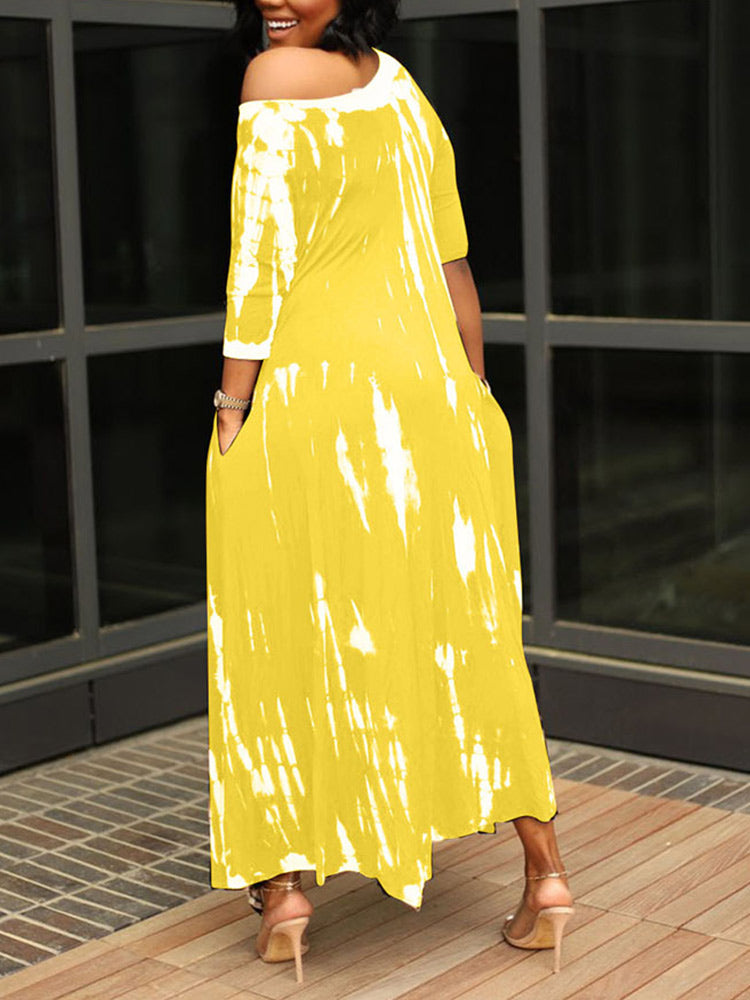 Tie dye print maxi dress with off-the-shoulder neckline and asymmetrical hem - View 8 | Lwiis