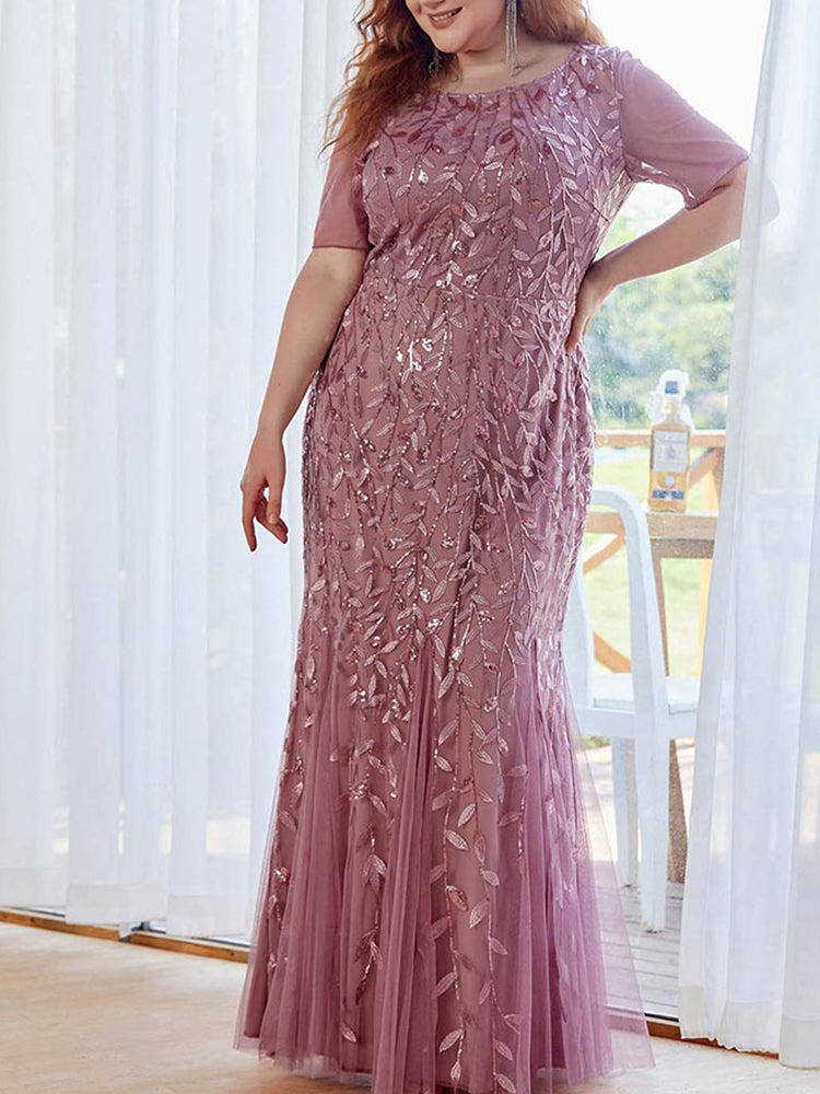 Sequin leaf pattern mermaid maxi dress with scoop neck - View 7 | Lwiis