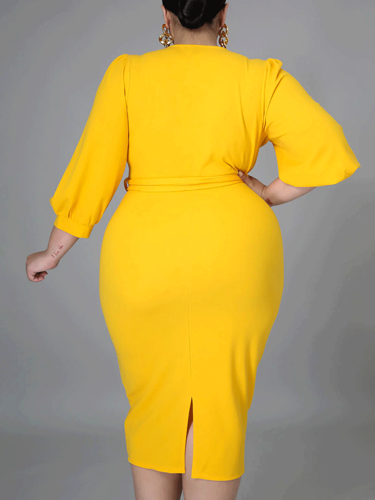 Solid V-Neck Midi Dress - View 10 | Lwiis