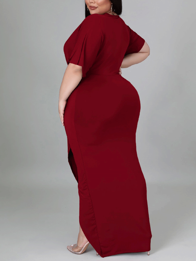 V-neck maxi dress with draped detailing and high slit - View 11 | Lwiis