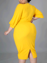 Solid V-Neck Midi Dress - View 9 | Lwiis