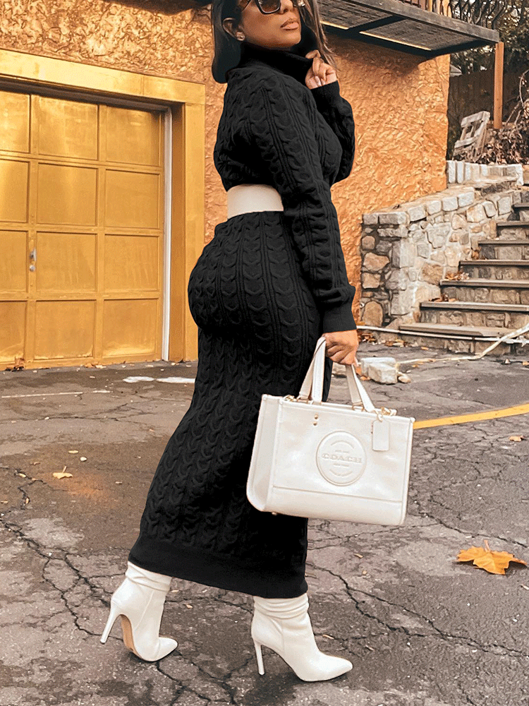 Ribbed knit high neck midi dress - View 6 | Lwiis