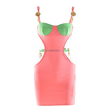 Pink and green bodycon mini dress with cut-outs and shell embellishments displayed on a white background.