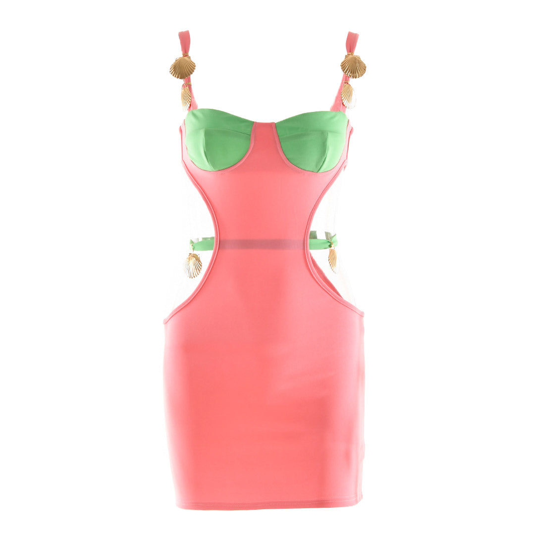 Pink and green bodycon mini dress with cut-outs and shell embellishments displayed on a white background.