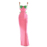 Front view of a pink and green maxi dress with cut-out details