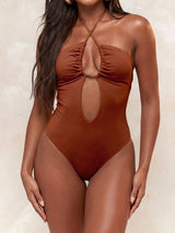 Brown one-piece swimsuit with halter neck and keyhole cutout
