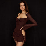 Side view of a woman in a brown sheer mesh dress with ruched detailing and drawstring accents.