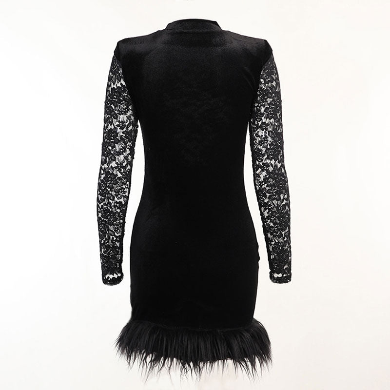 Product image of a black lace and velvet mini dress with feather trim, back view.