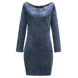 front view of a blue denim off-the-shoulder dress
