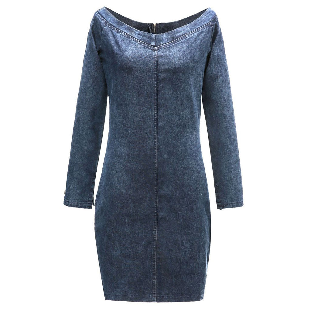 front view of a blue denim off-the-shoulder dress
