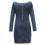 back view of a blue denim off-the-shoulder dress with a zipper