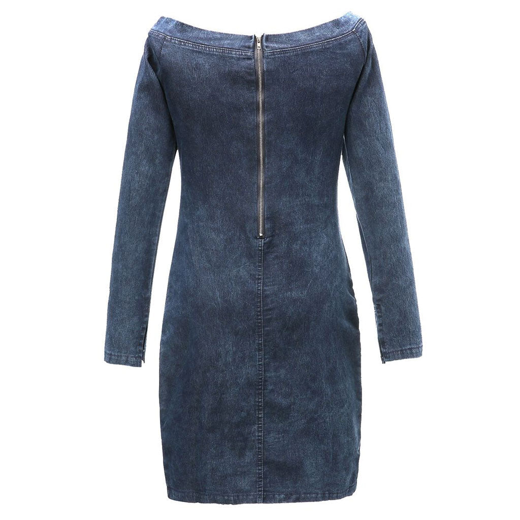back view of a blue denim off-the-shoulder dress with a zipper