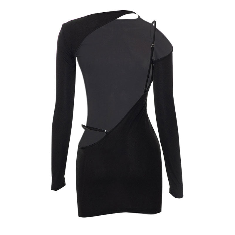 back view of a black long-sleeve mini dress with an open back and asymmetrical straps