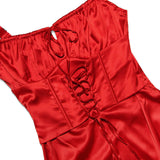 Close-up of the ruched bust and lace-up corset detail of a red satin midi dress.