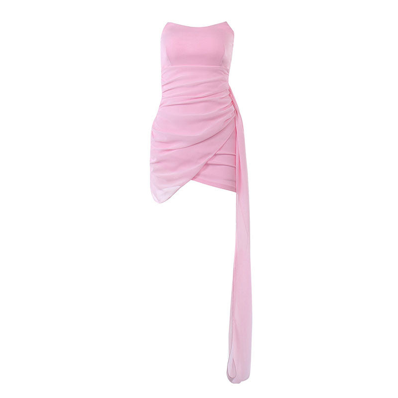 pink strapless ruched dress with a long draped accent