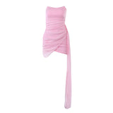 pink strapless ruched dress with a long draped accent