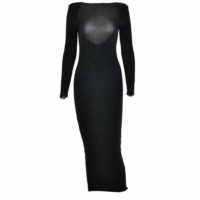 Black sparkly long-sleeved dress with a scoop neckline.