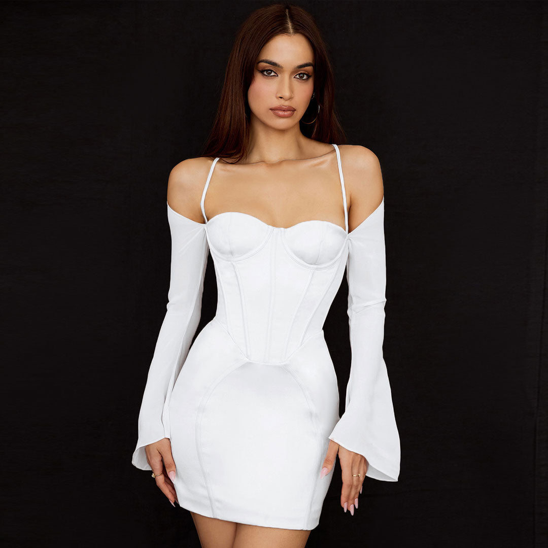 Woman in a white satin mini dress with a corset bodice and off-the-shoulder long sleeves, front view