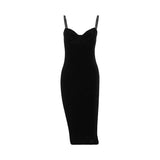 A black velvet bodycon midi dress with spaghetti straps displayed on a white background.