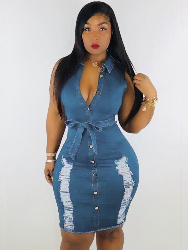Button Front Denim Dress - View 7 | Lwiis