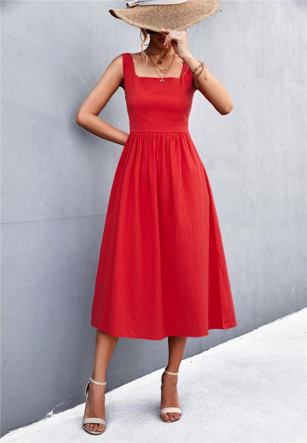 Smocked Square Neck Midi Dress - View 7 | Lwiis