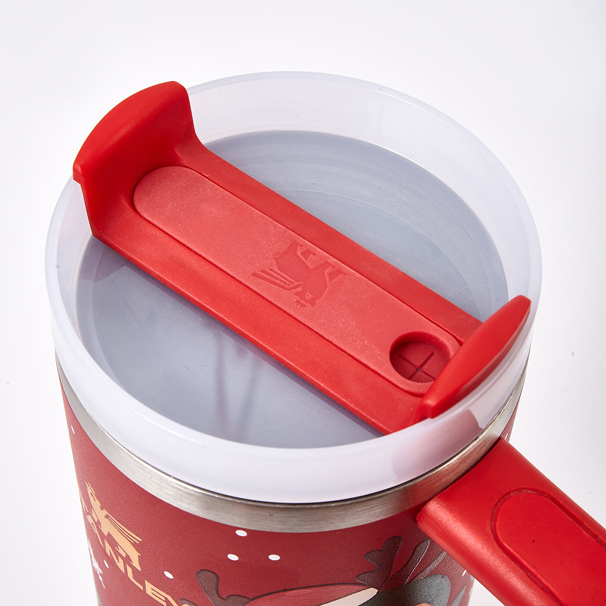 Top view of the red Stanley tumbler lid
