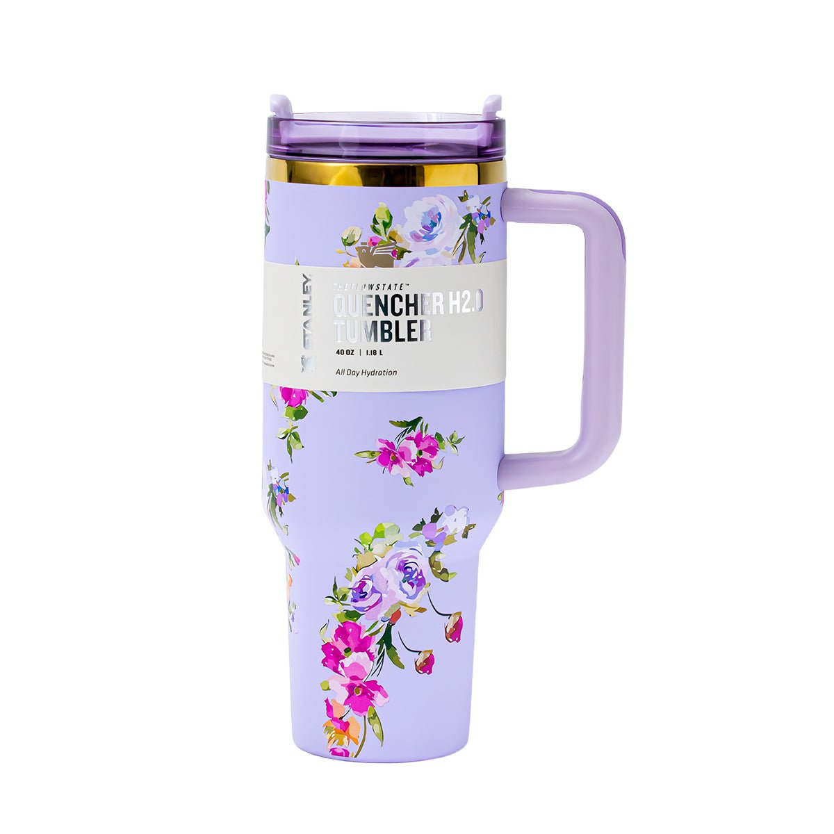 Close-up of Stanley Quencher H2.0 Tumbler with floral print