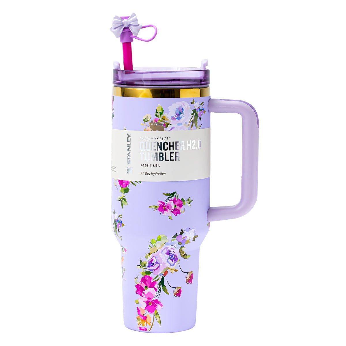Stanley Quencher H2.0 Tumbler with floral print and purple handle
