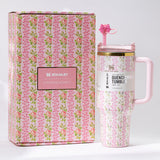Stanley x LoveShackFancy Quencher H2.0 FlowState Tumbler and gift box, pink floral print