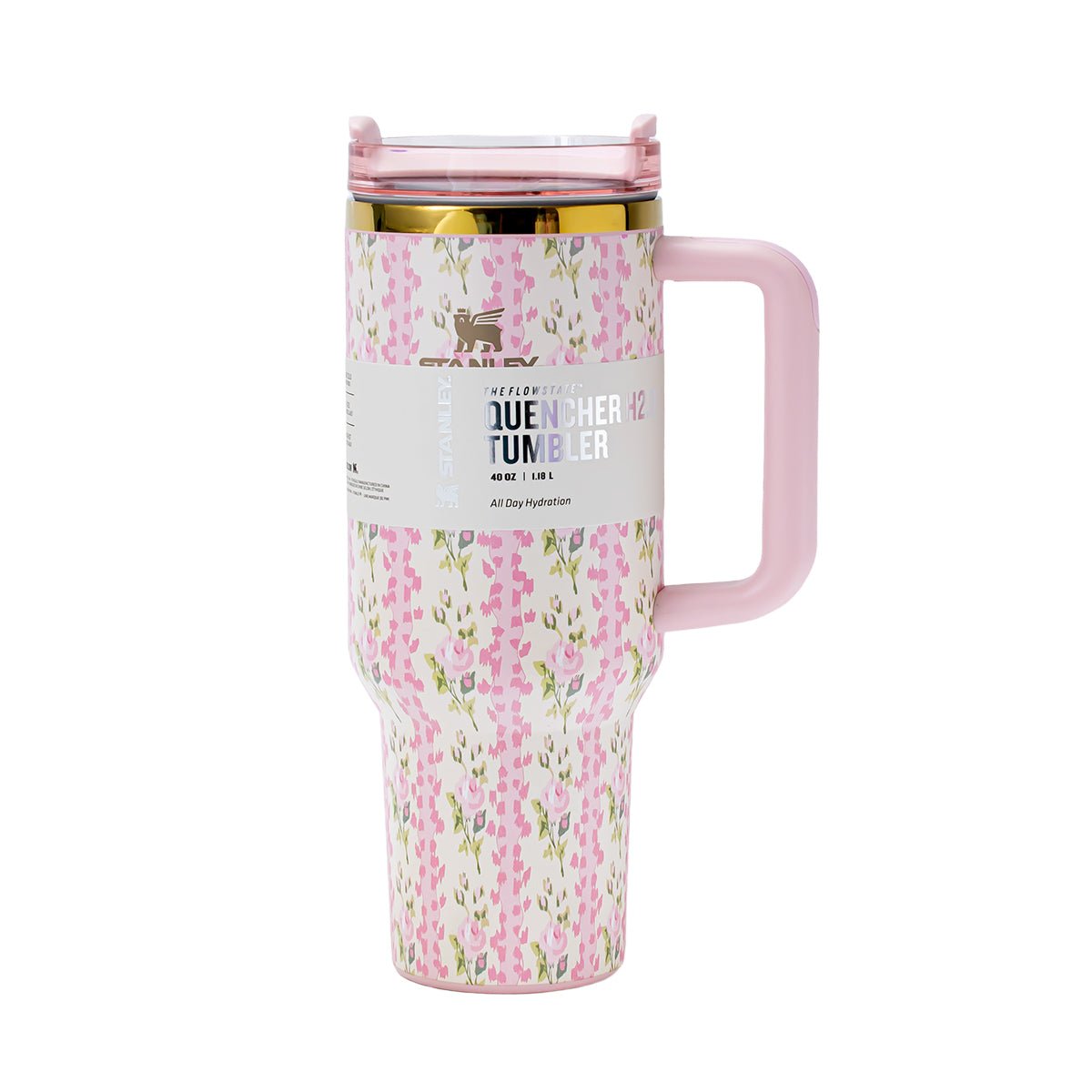 Stanley x LoveShackFancy Quencher H2.0 FlowState Tumbler, 40 oz, pink floral print, side view