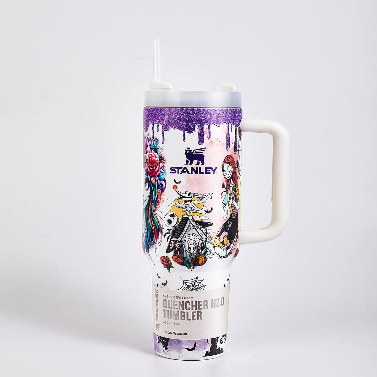 Stanley Quencher H2.0 Tumbler with The Nightmare Before Christmas theme and straw