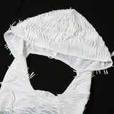 close-up of white hooded fringe fabric