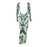 Back view of a long-sleeved, open-back, bodycon maxi dress with a green and cream abstract print.