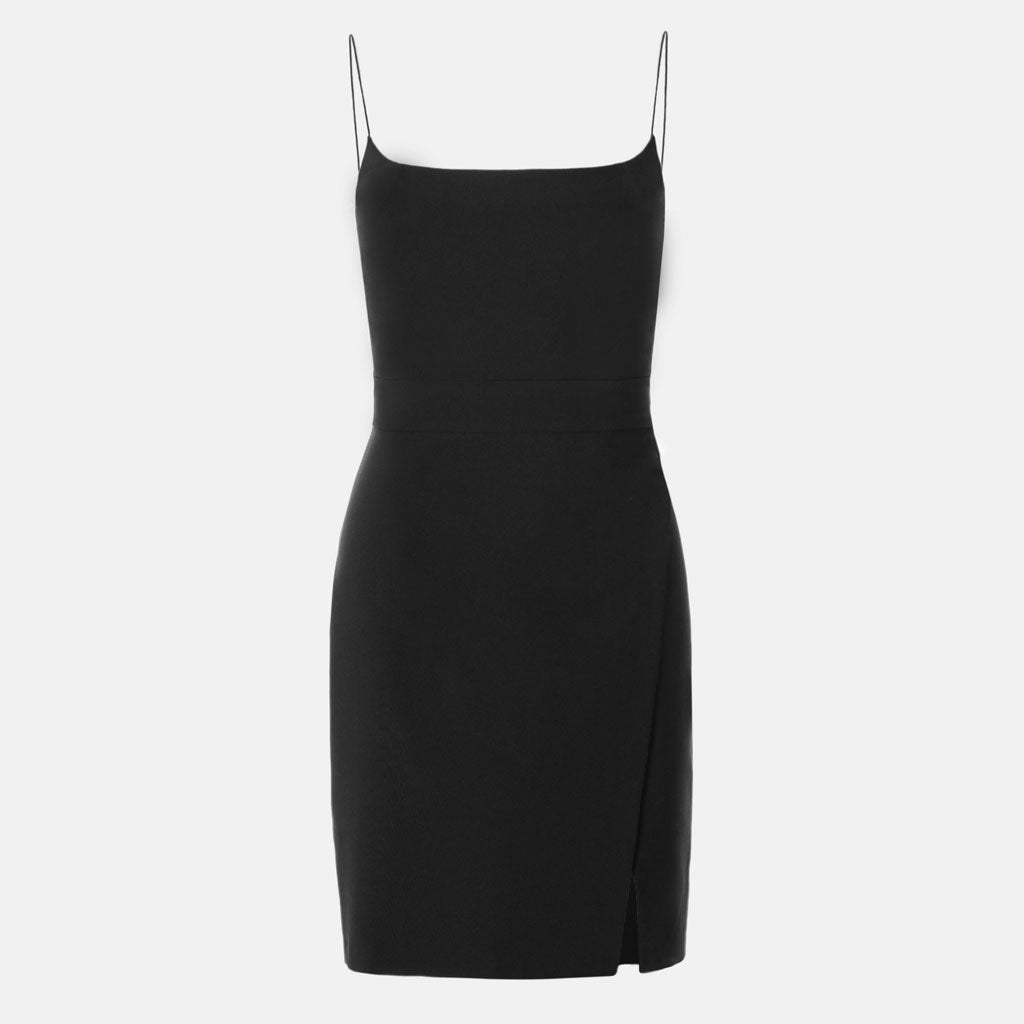 black spaghetti strap mini dress with a square neckline and a side slit