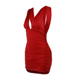 Front view of a red ruched bodycon dress with a deep V-neckline and sleeveless design, displayed on a white background.