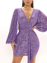 Sequin Party Dress with Puff Sleeves - View 7 | Lwiis