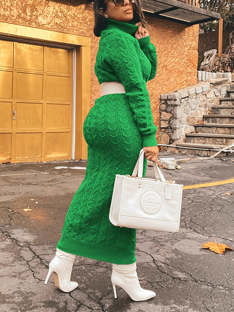Ribbed knit high neck midi dress - View 15 | Lwiis