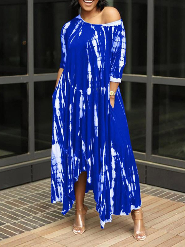 Tie dye print maxi dress with off-the-shoulder neckline and asymmetrical hem - View 17 | Lwiis