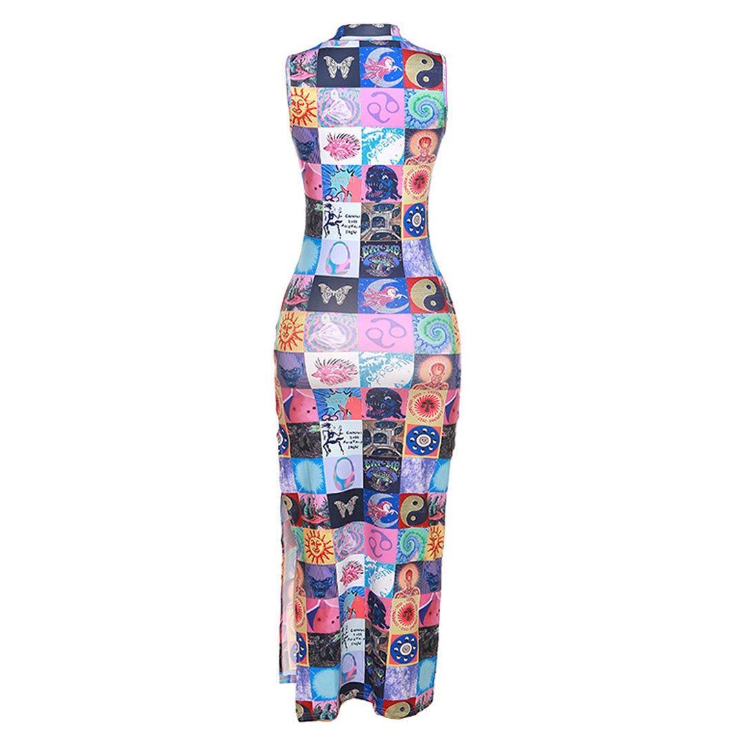 Back view of a sleeveless, mock neck maxi dress with a patchwork print, laid flat against a white background, showing a side slit.