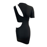 Back view of a black asymmetrical cut-out mini dress.