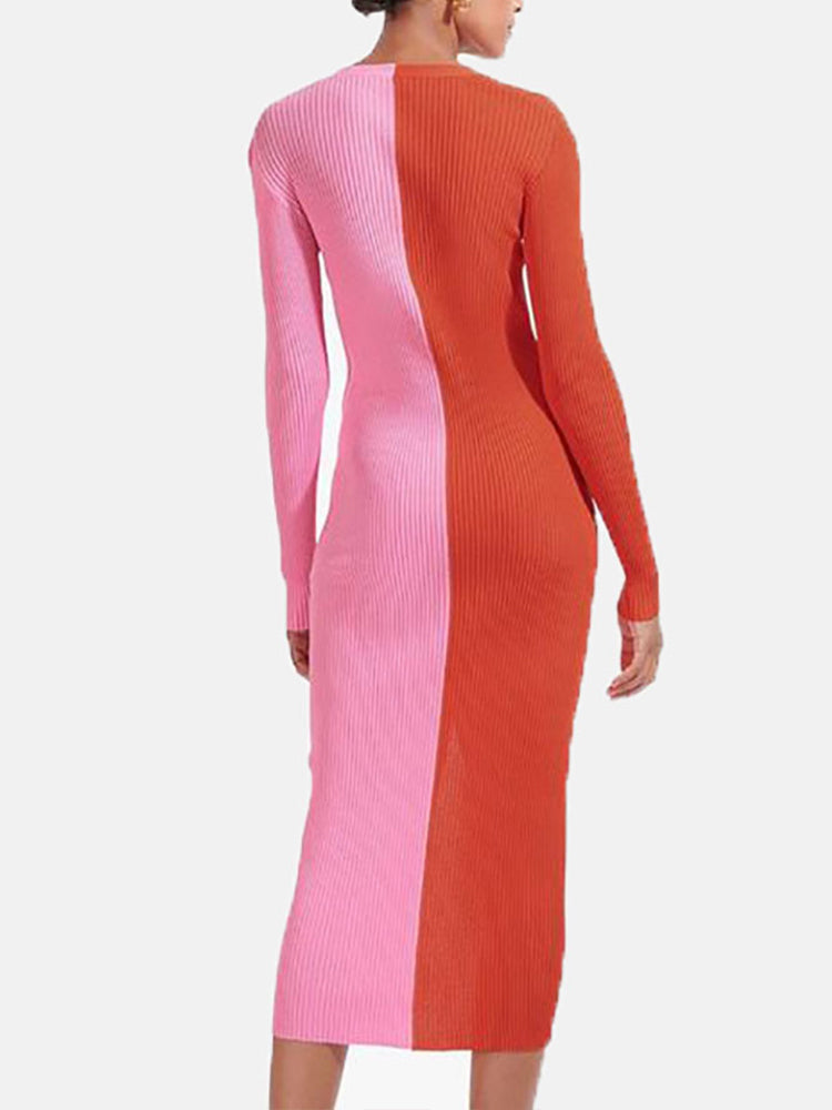 Color block sweater dress with button front - View 8 | Lwiis