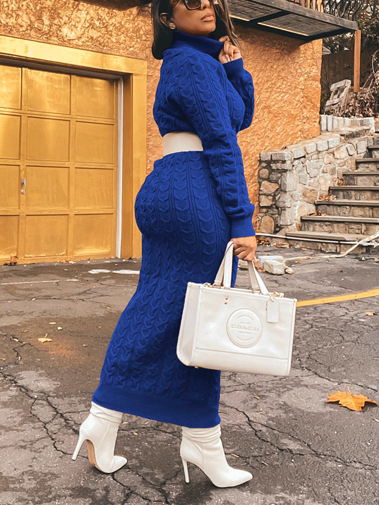 Ribbed knit high neck midi dress - View 18 | Lwiis